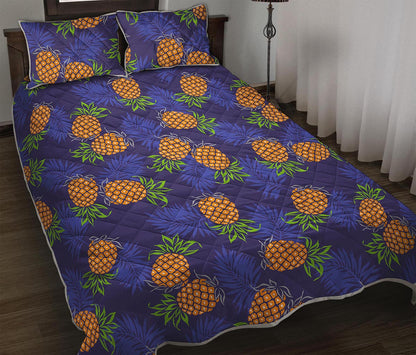 Blue Leaf Pineapple Pattern Print Quilt Bed Set