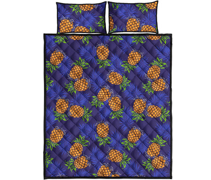 Blue Leaf Pineapple Pattern Print Quilt Bed Set