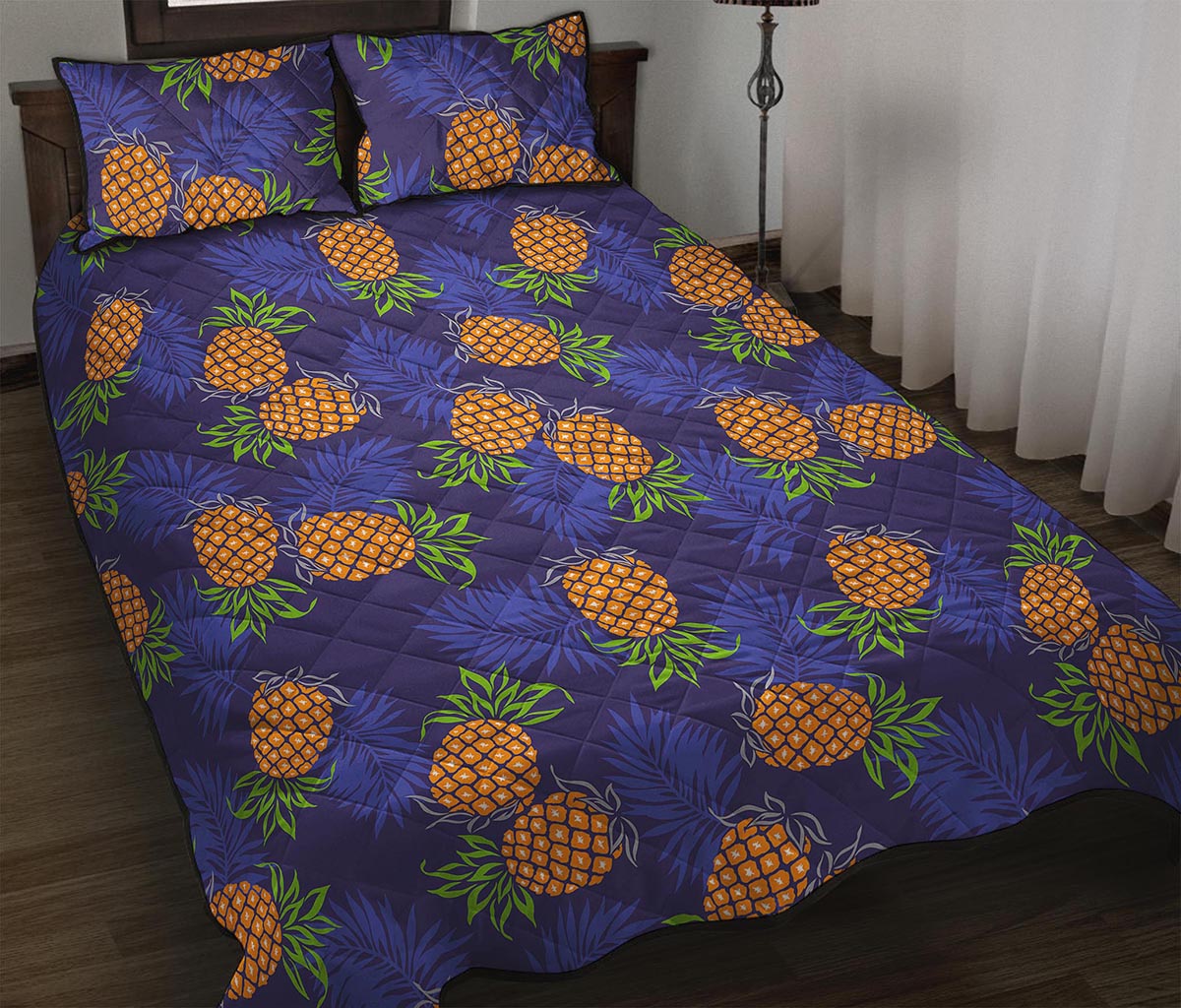 Blue Leaf Pineapple Pattern Print Quilt Bed Set