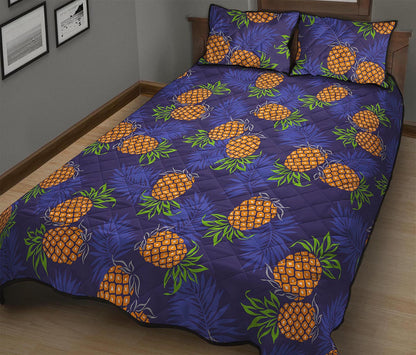 Blue Leaf Pineapple Pattern Print Quilt Bed Set