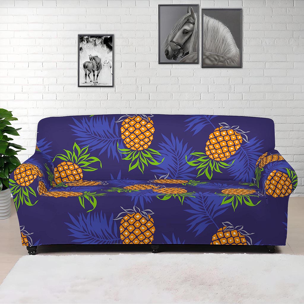 Blue Leaf Pineapple Pattern Print Sofa Cover