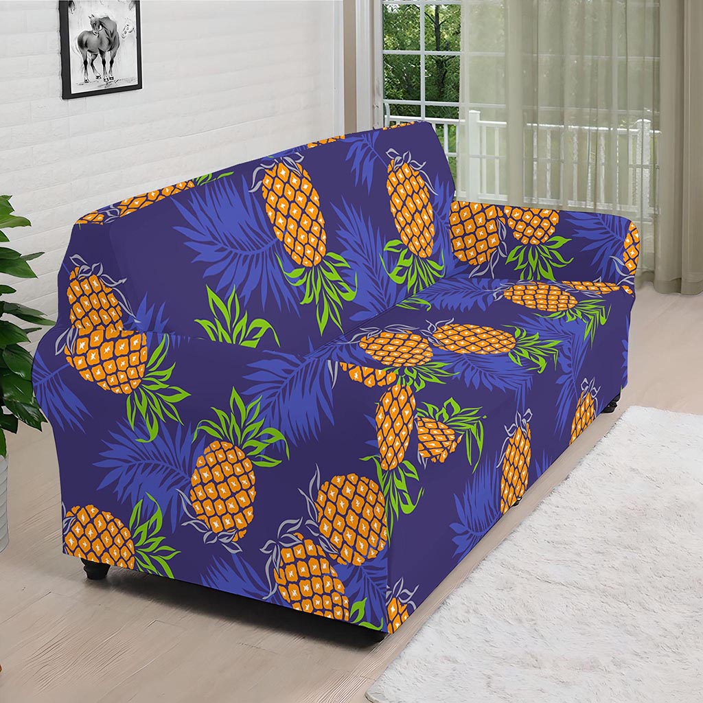 Blue Leaf Pineapple Pattern Print Sofa Cover