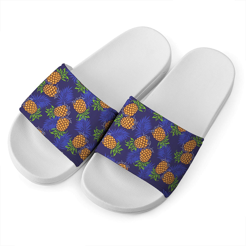 Blue Leaf Pineapple Pattern Print White Slide Sandals