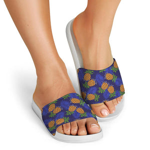 Blue Leaf Pineapple Pattern Print White Slide Sandals