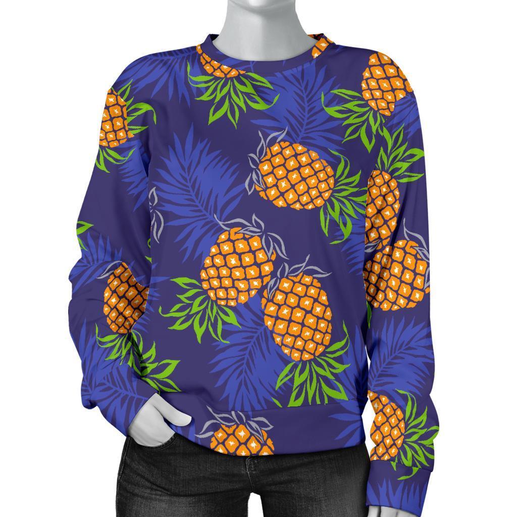 Blue Leaf Pineapple Pattern Print Women's Crewneck Sweatshirt GearFrost