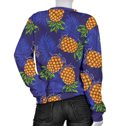 Blue Leaf Pineapple Pattern Print Women's Crewneck Sweatshirt GearFrost