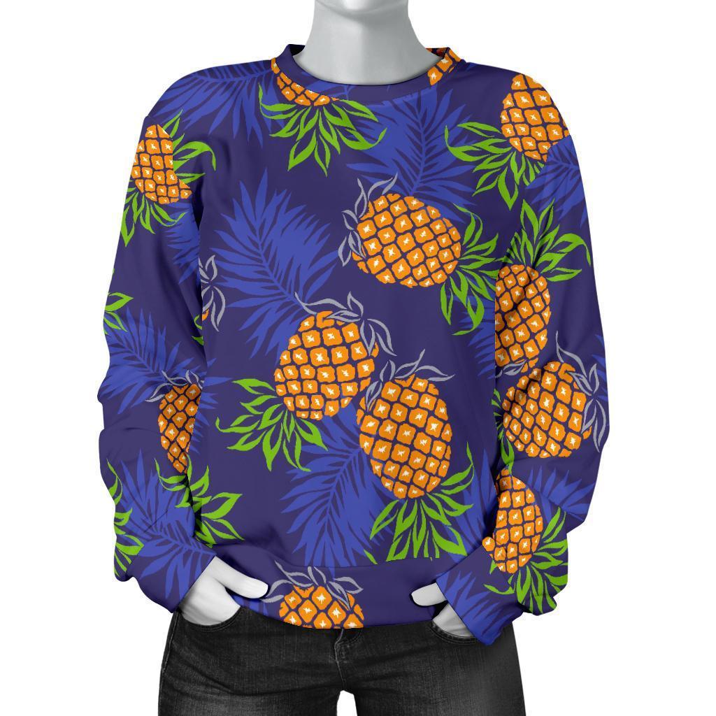 Blue Leaf Pineapple Pattern Print Women's Crewneck Sweatshirt GearFrost