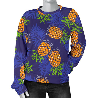 Blue Leaf Pineapple Pattern Print Women's Crewneck Sweatshirt GearFrost