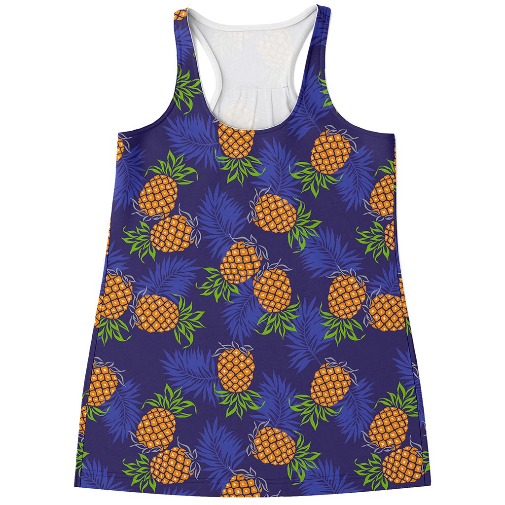 Blue Leaf Pineapple Pattern Print Women's Racerback Tank Top