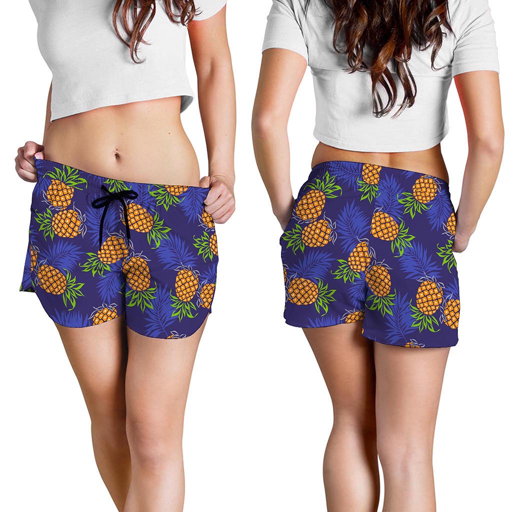 Blue Leaf Pineapple Pattern Print Women's Shorts