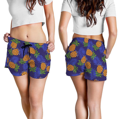 Blue Leaf Pineapple Pattern Print Women's Shorts