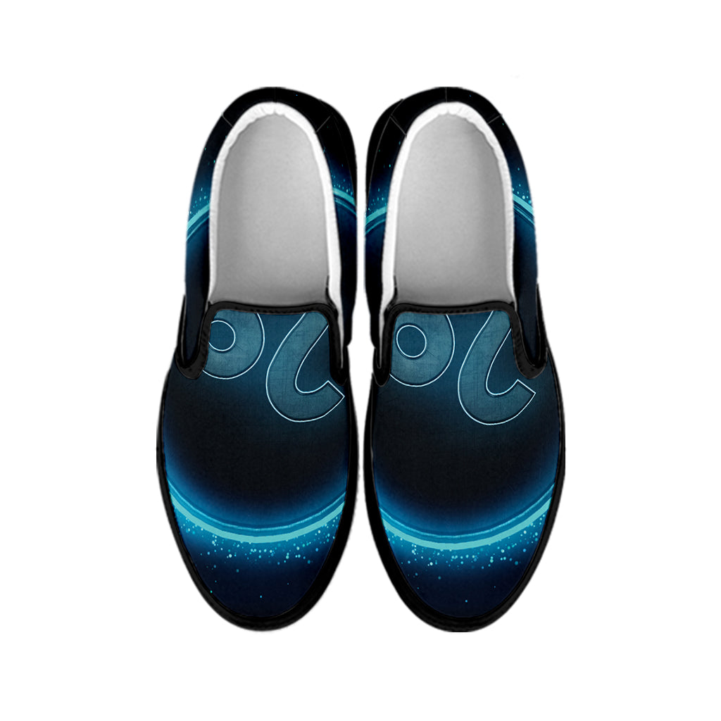 Blue Leo Zodiac Sign Print Black Slip On Shoes