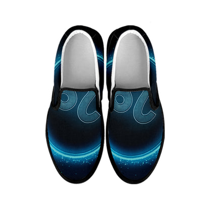 Blue Leo Zodiac Sign Print Black Slip On Shoes
