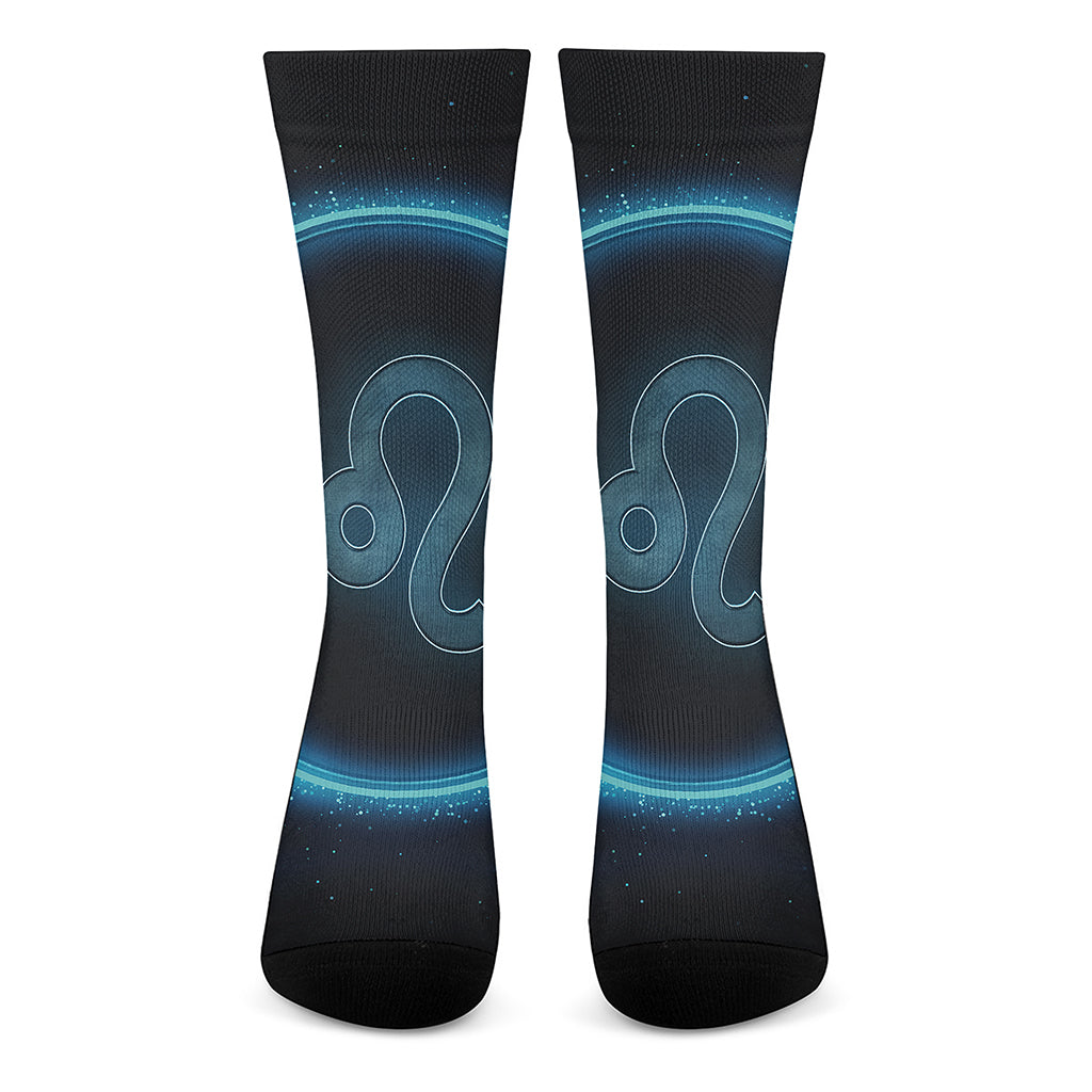 Blue Leo Zodiac Sign Print Crew Socks