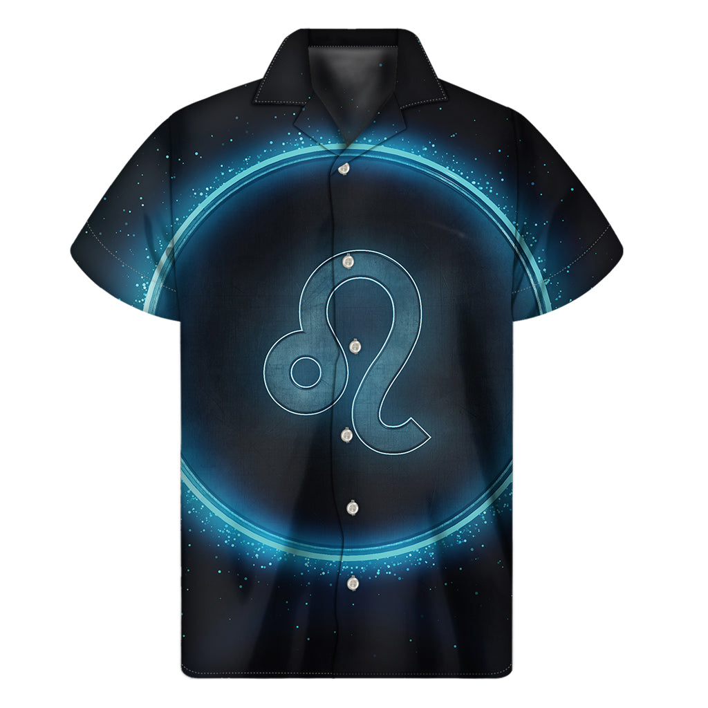 Blue Leo Zodiac Sign Print Men's Short Sleeve Shirt