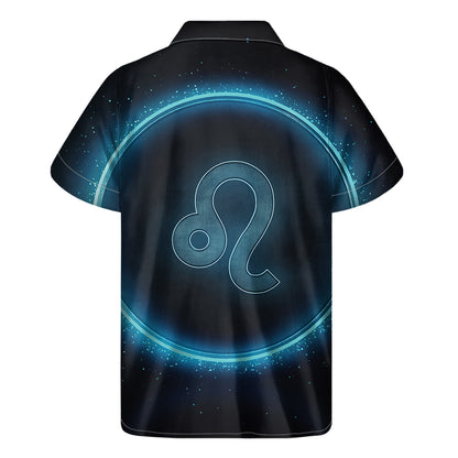 Blue Leo Zodiac Sign Print Men's Short Sleeve Shirt