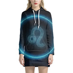 Blue Leo Zodiac Sign Print Pullover Hoodie Dress
