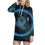 Blue Leo Zodiac Sign Print Pullover Hoodie Dress