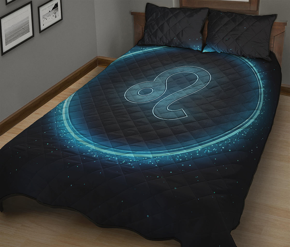 Blue Leo Zodiac Sign Print Quilt Bed Set