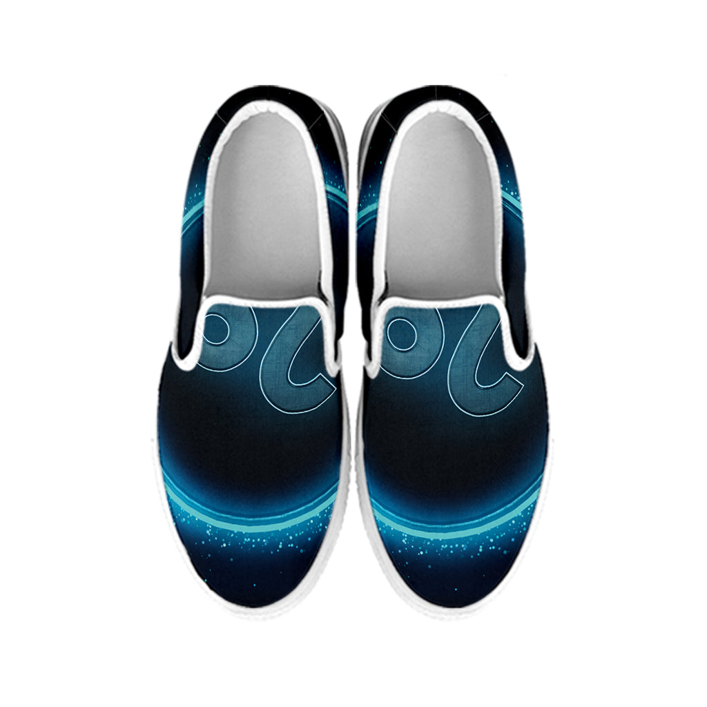 Blue Leo Zodiac Sign Print White Slip On Shoes