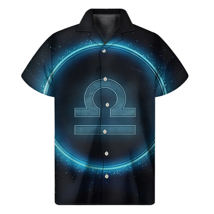 Blue Libra Zodiac Sign Print Men's Short Sleeve Shirt