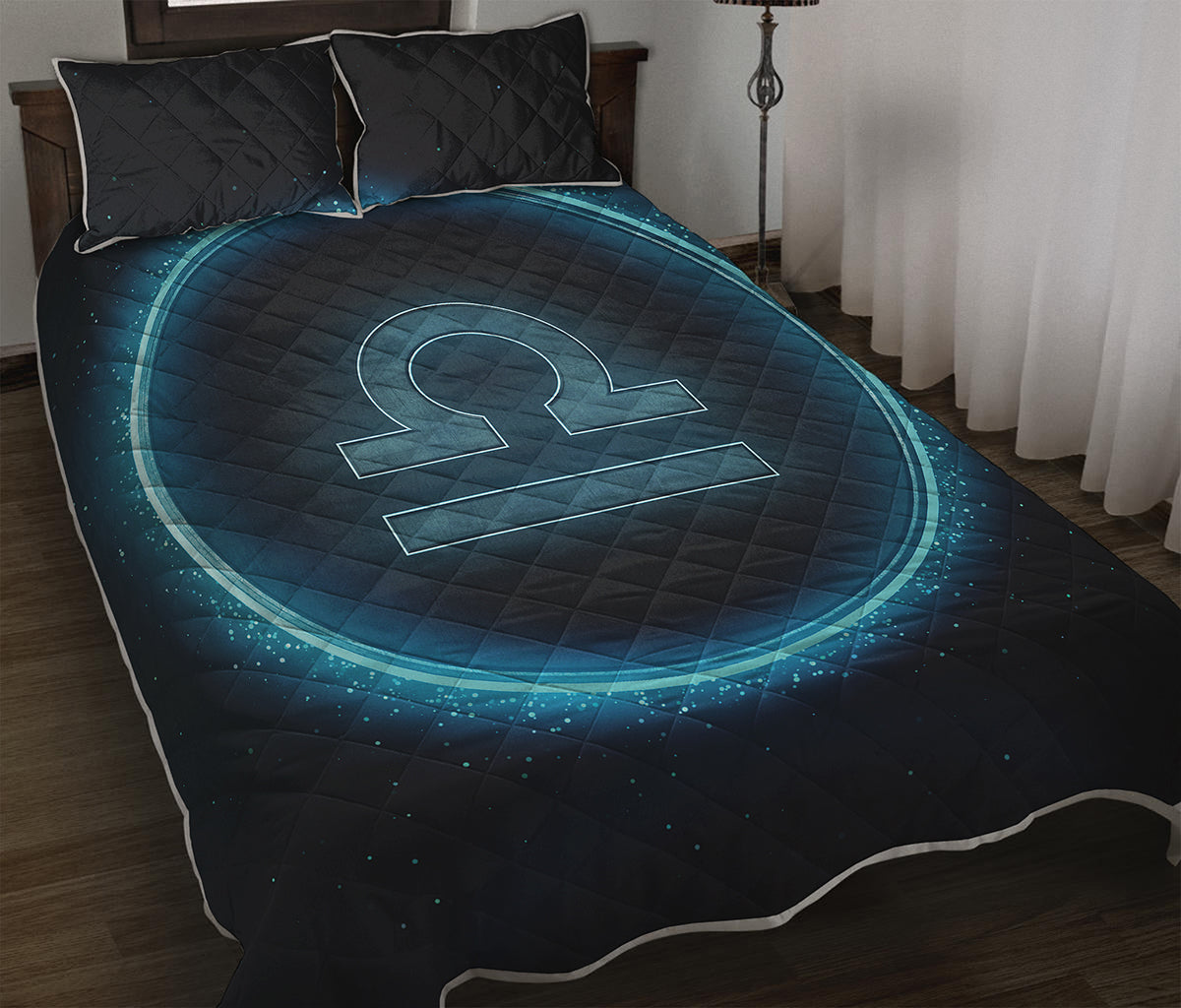 Blue Libra Zodiac Sign Print Quilt Bed Set