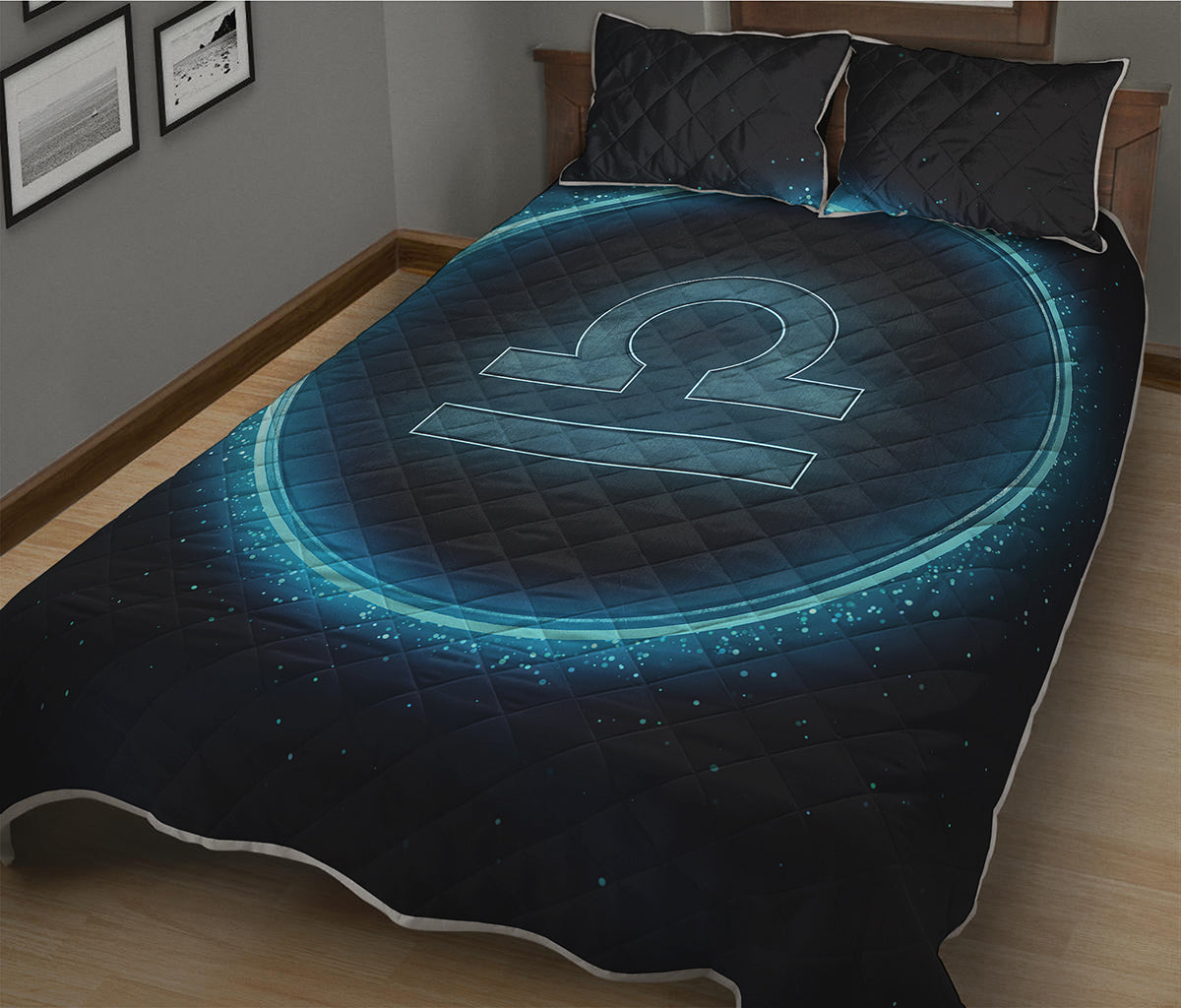 Blue Libra Zodiac Sign Print Quilt Bed Set