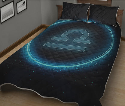 Blue Libra Zodiac Sign Print Quilt Bed Set