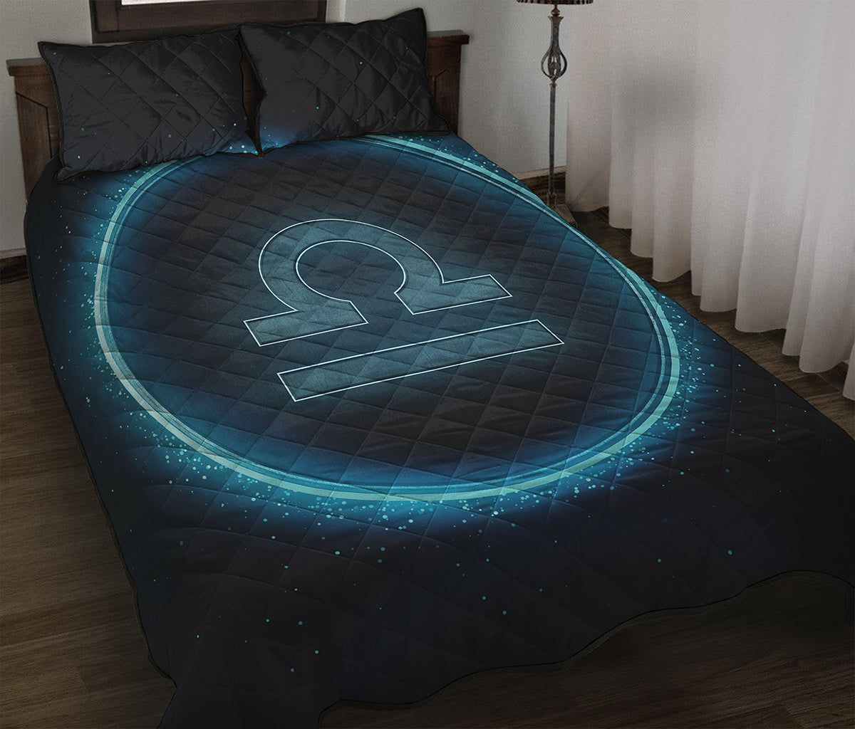 Blue Libra Zodiac Sign Print Quilt Bed Set