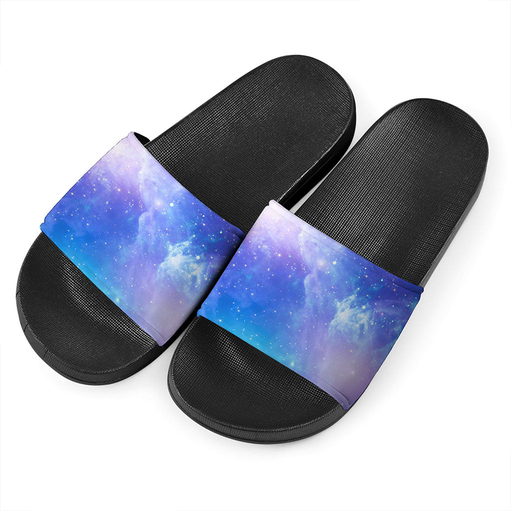 Blue Light Nebula Galaxy Space Print Black Slide Sandals