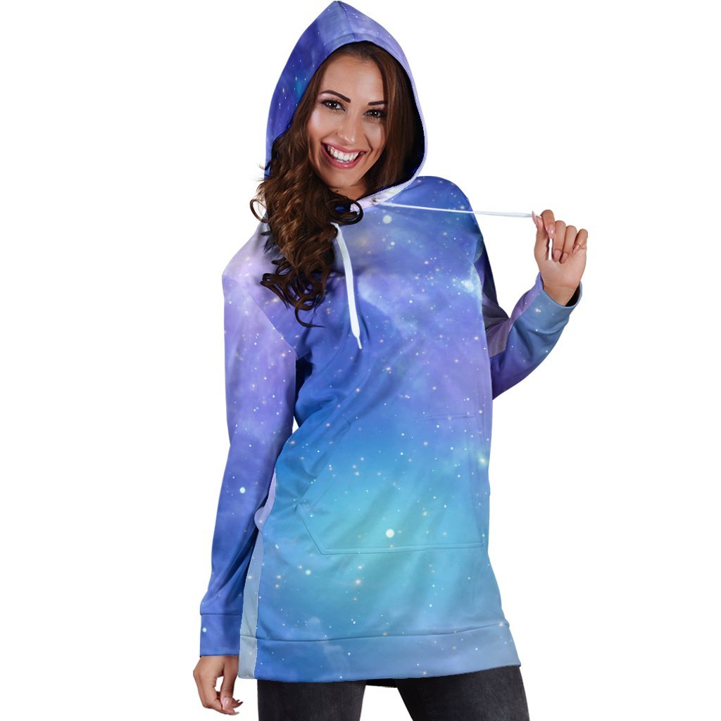 Blue Light Nebula Galaxy Space Print Hoodie Dress GearFrost