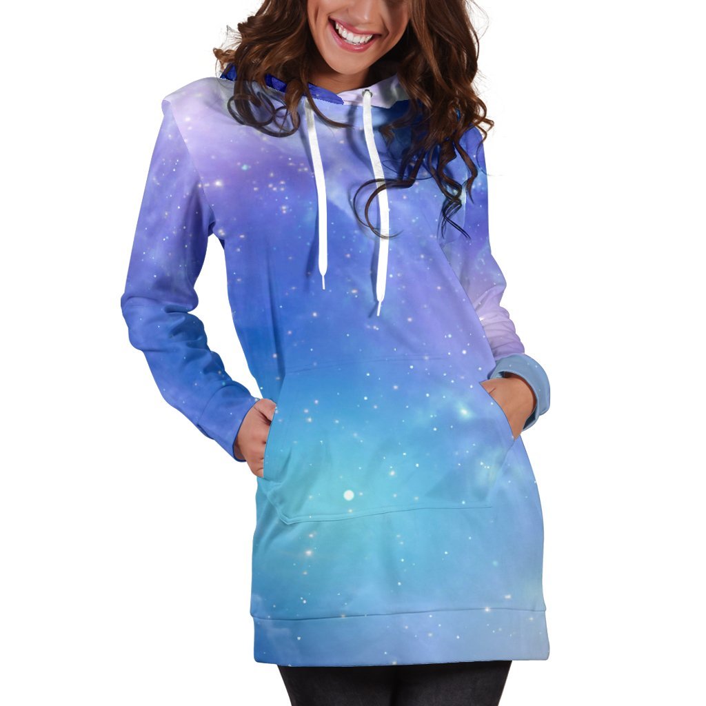 Blue Light Nebula Galaxy Space Print Hoodie Dress GearFrost