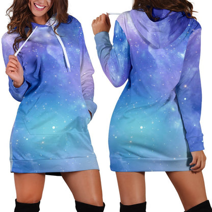 Blue Light Nebula Galaxy Space Print Hoodie Dress GearFrost