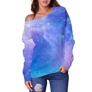 Blue Light Nebula Galaxy Space Print Off Shoulder Sweatshirt GearFrost