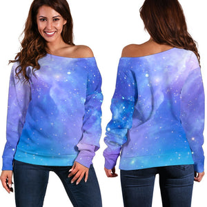 Blue Light Nebula Galaxy Space Print Off Shoulder Sweatshirt GearFrost