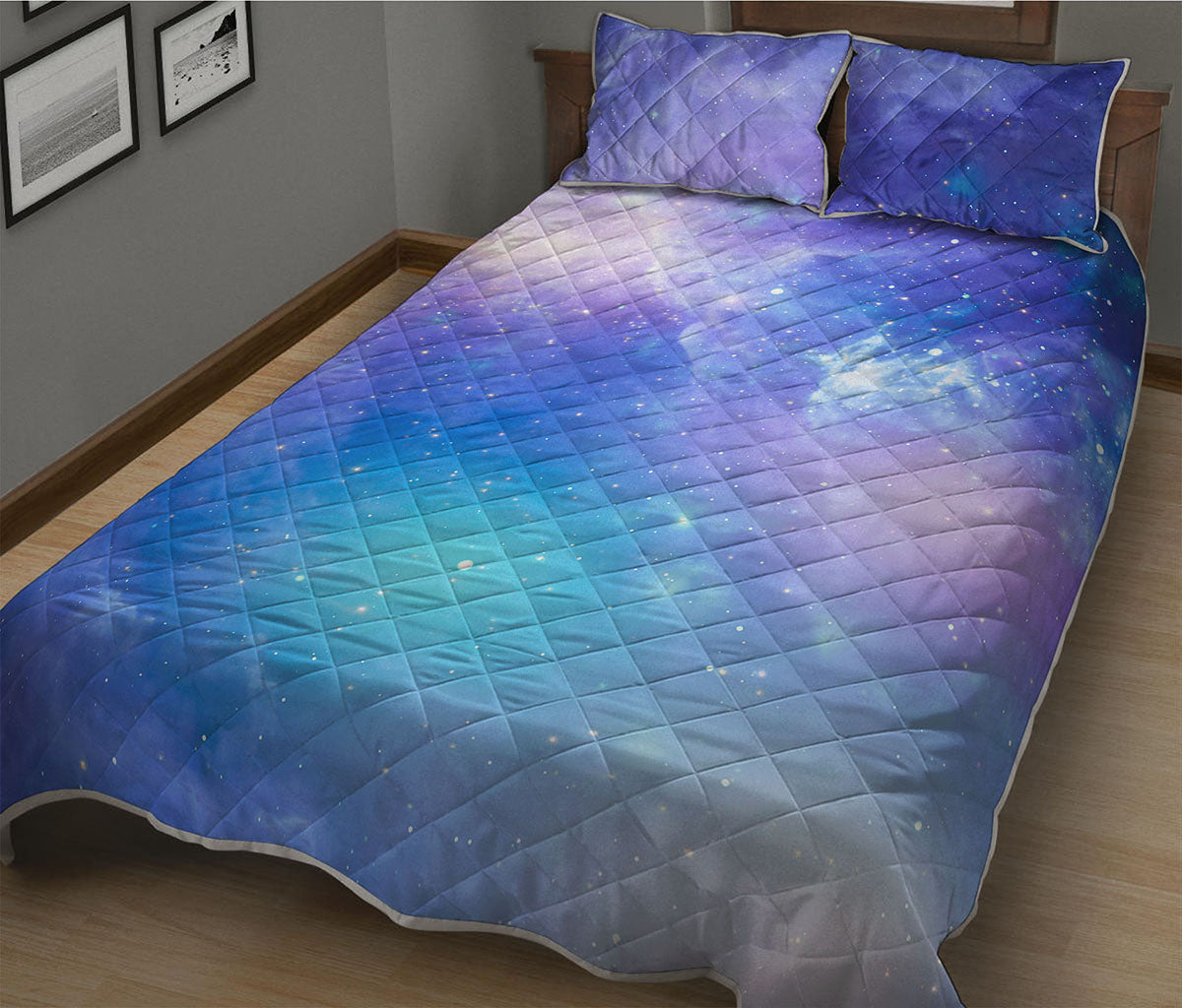 Blue Light Nebula Galaxy Space Print Quilt Bed Set