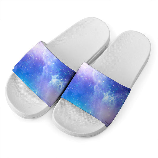 Blue Light Nebula Galaxy Space Print White Slide Sandals