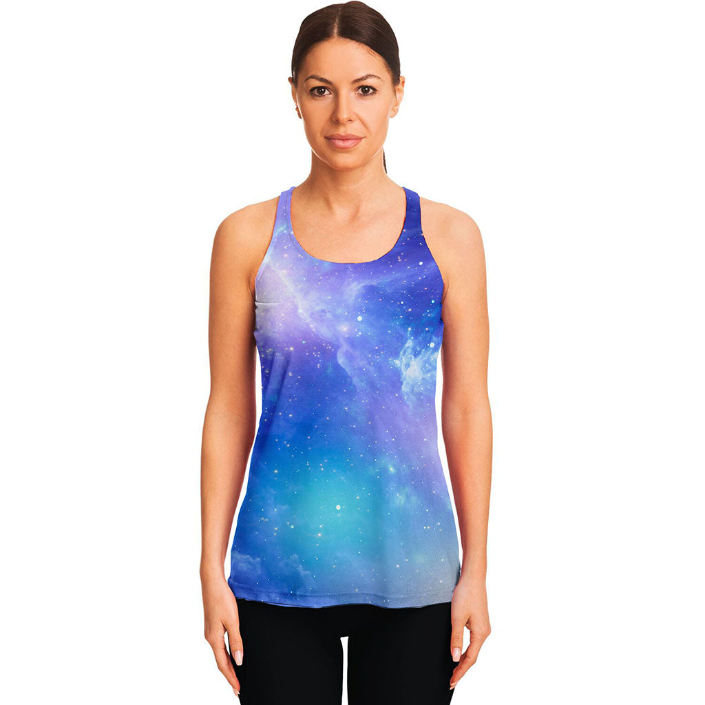 Blue Light Nebula Galaxy Space Print Women's Racerback Tank Top