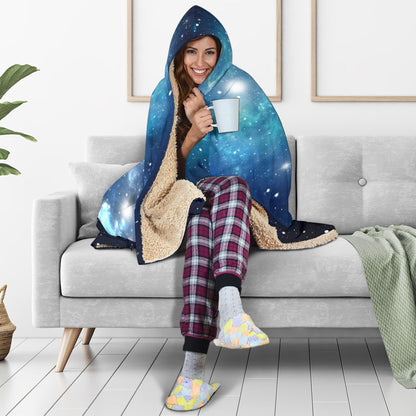 Blue Light Sparkle Galaxy Space Print Hooded Blanket GearFrost