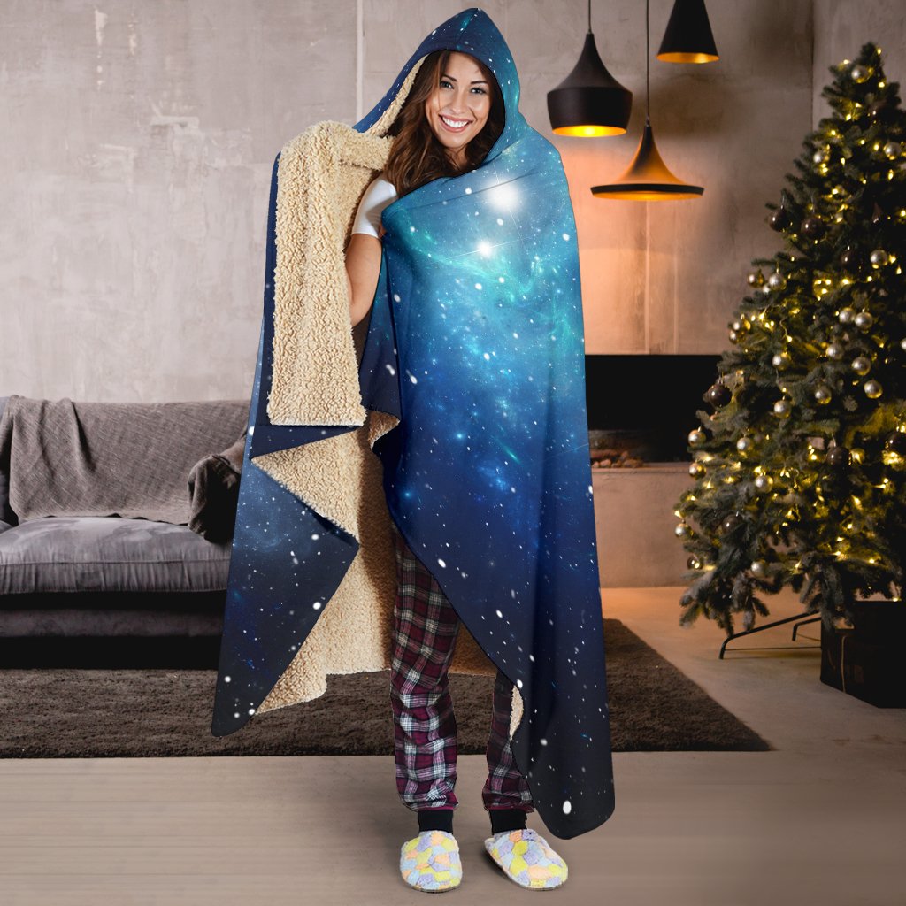 Blue Light Sparkle Galaxy Space Print Hooded Blanket GearFrost
