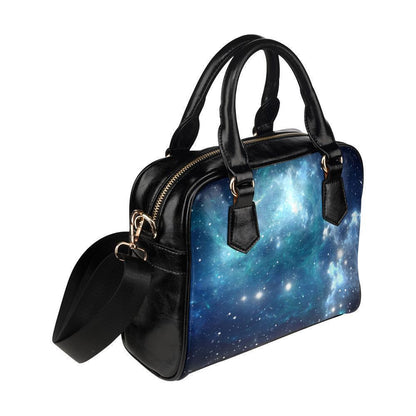 Blue Light Sparkle Galaxy Space Print Leather Shoulder Handbag GearFrost