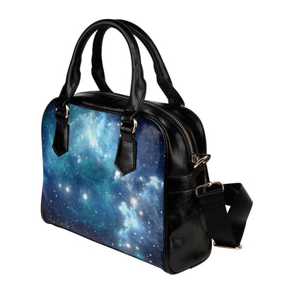 Blue Light Sparkle Galaxy Space Print Leather Shoulder Handbag GearFrost