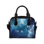 Blue Light Sparkle Galaxy Space Print Leather Shoulder Handbag GearFrost