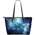 Blue Light Sparkle Galaxy Space Print Leather Tote Bag With Zipper
