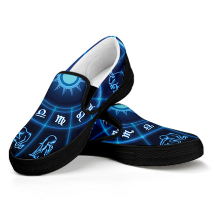 Blue Light Zodiac Circle Print Black Slip On Shoes