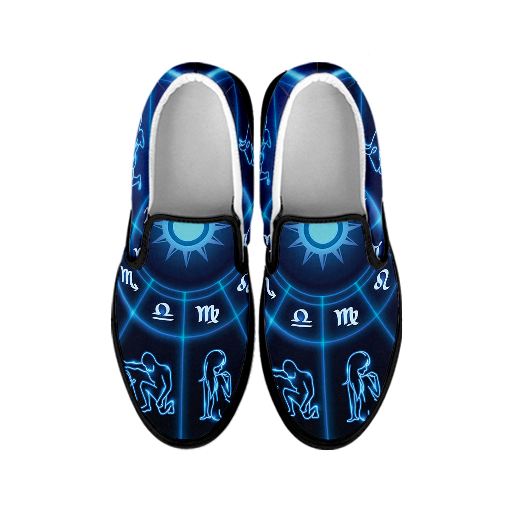 Blue Light Zodiac Circle Print Black Slip On Shoes