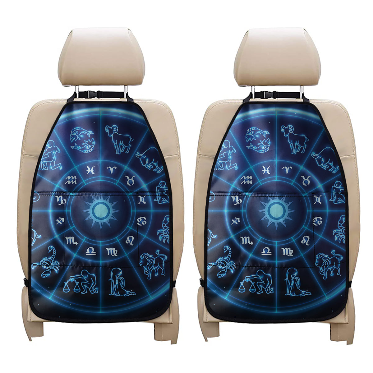 Blue Light Zodiac Circle Print Car Seat Organizers