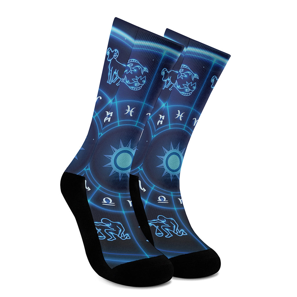 Blue Light Zodiac Circle Print Crew Socks