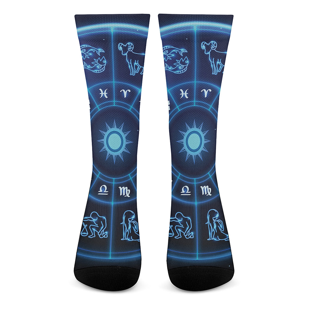 Blue Light Zodiac Circle Print Crew Socks