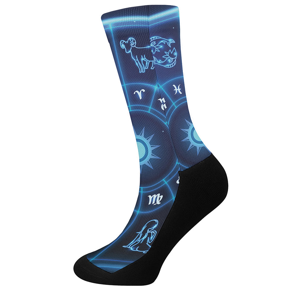 Blue Light Zodiac Circle Print Crew Socks